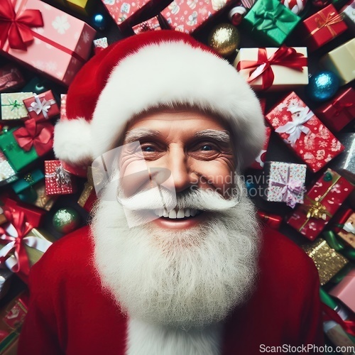 Image of santa claus is surrounded by gifts