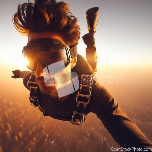 Image of close up selfie of person skydiving