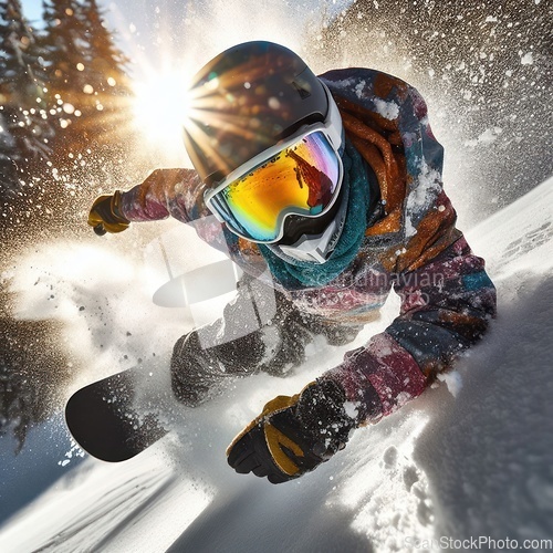 Image of close up image of a person snowboarding