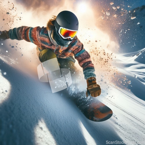 Image of close up image of a person snowboarding