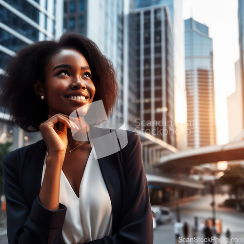 Image of successful woman thinking about future plans