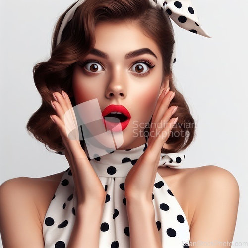 Image of pretty woman in a spotted dress and bright lipstick is shocked g