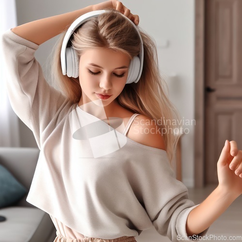 Image of teenage girl listening and dancing to music