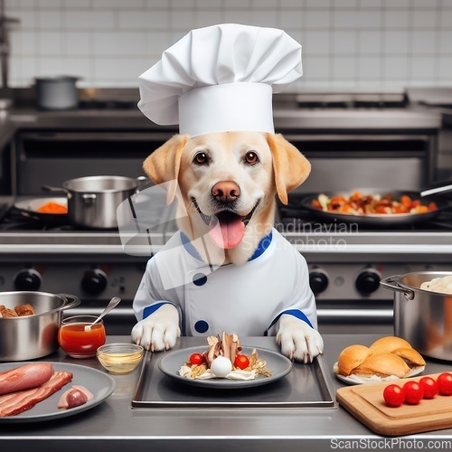 Image of labrador dog wearing chefs hat and jacket