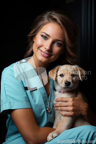 Image of Caring Veterinarian Holding a Puppy in Clinic