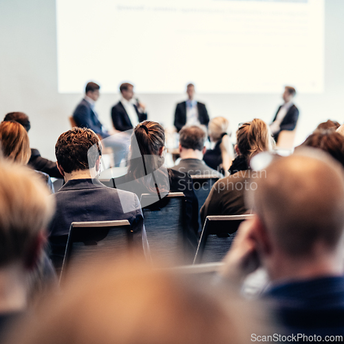 Image of Interview and round table discussion at business convention and presentation. Audience at the conference hall. Business and entrepreneurship symposium
