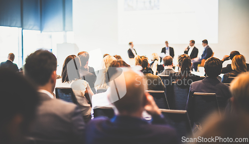 Image of Interview and round table discussion at business convention and presentation. Audience at the conference hall. Business and entrepreneurship symposium