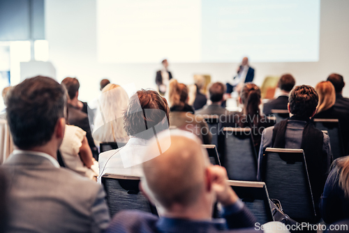 Image of Interview and round table discussion at business convention and presentation. Audience at the conference hall. Business and entrepreneurship symposium