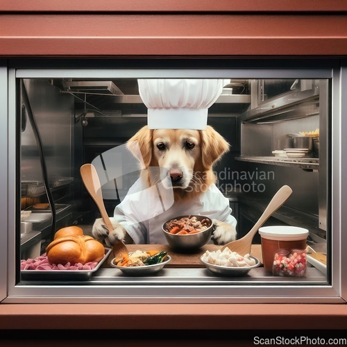 Image of dog wearing chefs hat and jacket