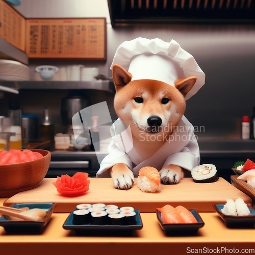 Image of shiba inu dog wearing chefs hat and jacket