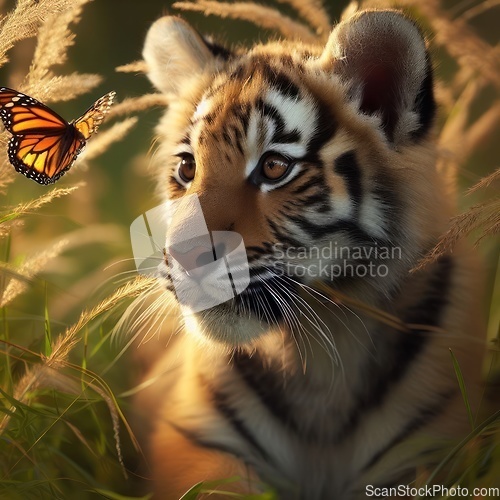 Image of young tiger cub watching a butterfly