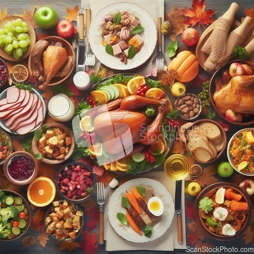 Image of laden table full of food for christmas or thanksgiving