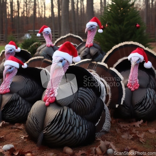 Image of turkeys wearing santa hats