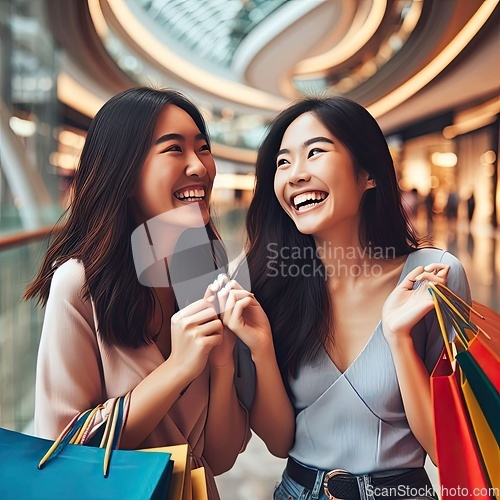 Image of two pretty asian women shopping in a mall generative ai