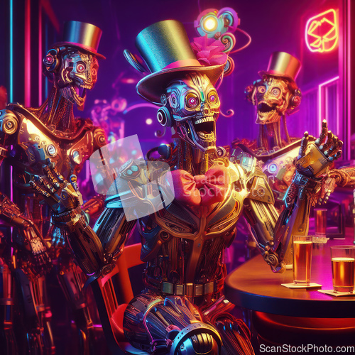 Image of comical drunk happy futuristic robot in a bar