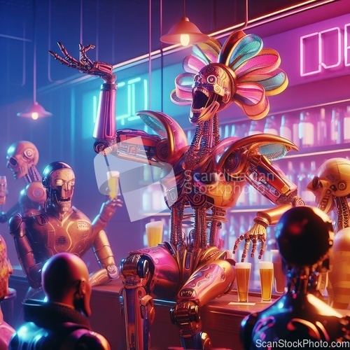 Image of comical drunk happy futuristic robot in a bar