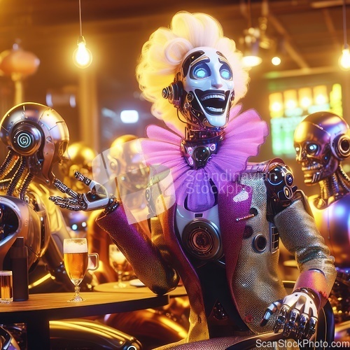 Image of comical drunk happy futuristic robot in a bar