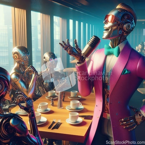 Image of entertainer singing in microphone comical futuristic robots