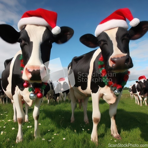 Image of cows in the field wearing christmas hats generative ai