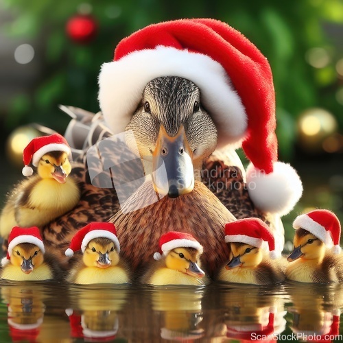 Image of Duck and ducklings in a pond wearing Christmas Hats 