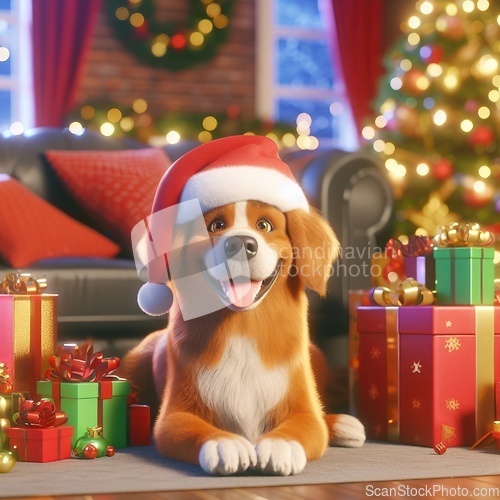 Image of gorgeous dog wearing santa hat amongst the gifts