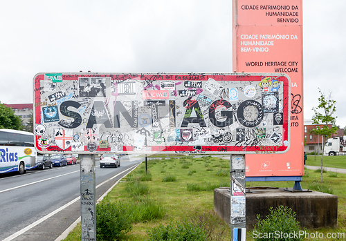 Image of SANTIAGO DE COMPOSTELA, SPAIN - MAY 01, 2015 - Road sign at the entrance to Santiago de Compostela