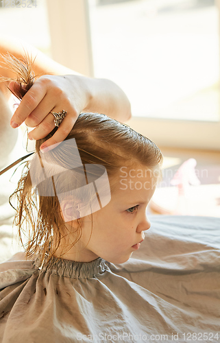 Image of Hairdresser making a hair style to cute little girl.