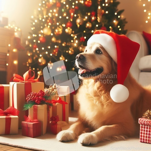 Image of golden retriever dog wearing santa hat amongst the gifts