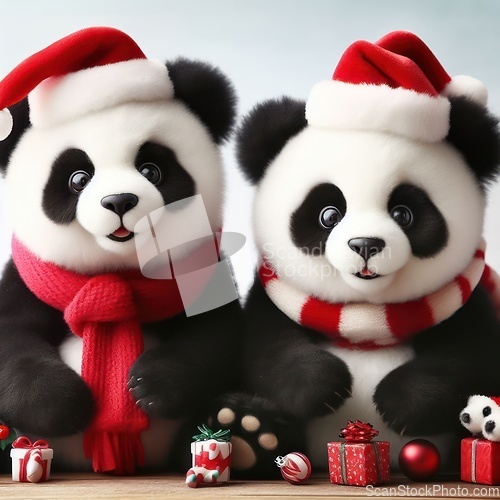 Image of cute pandas wearing santa hats at christmas time
