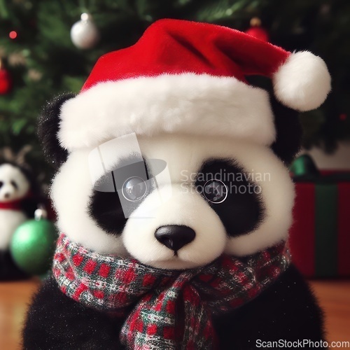 Image of cute panda bear wearing santa hat at christmas time 