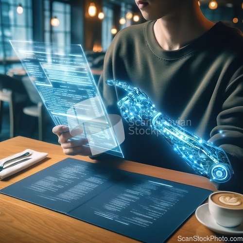 Image of futuristic holographic prosthetic robot arm in a cafe