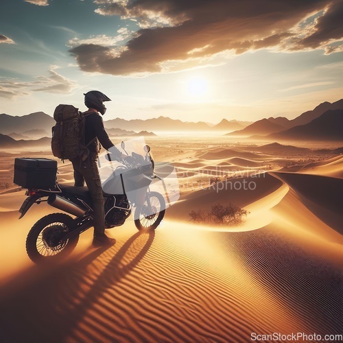 Image of adventure travel ride a motorbike through a great sandy desert