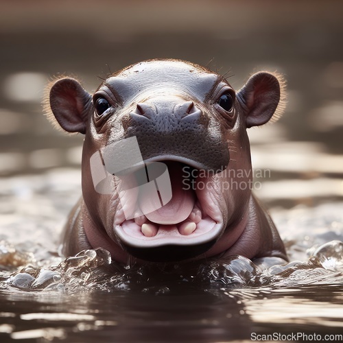 Image of cute and gorgeous baby hippo in the river