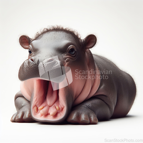 Image of cute and adorable baby hippo yawning on white