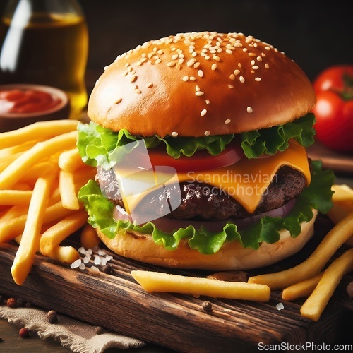 Image of delicious perfect burger served with fries