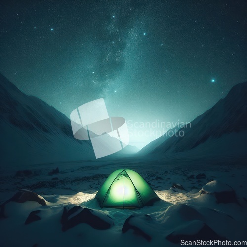 Image of camping in a tent in a snowy landscape under the stars