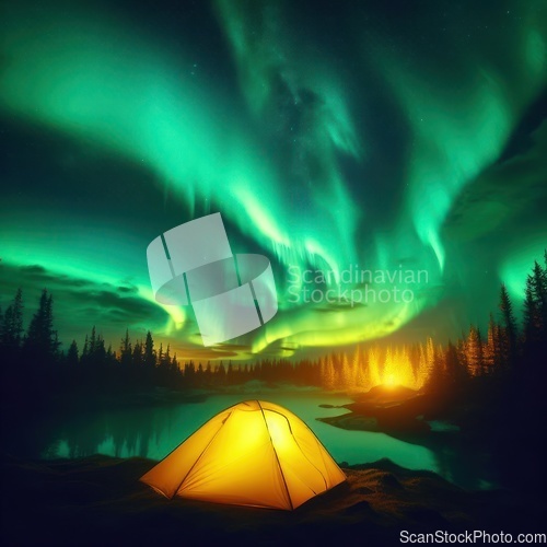 Image of camping at night under the northern lights aurora borealis
