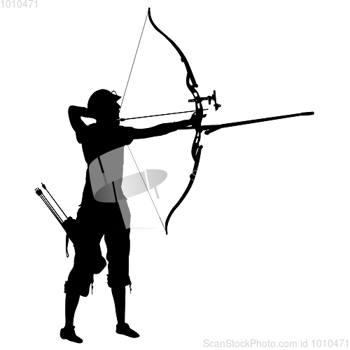 Image of Silhouette attractive female archer bending a bow and aiming in the target