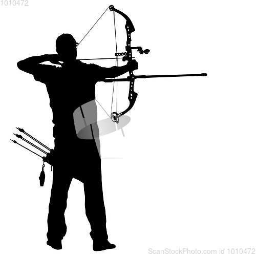 Image of Silhouette attractive male archer bending a bow and aiming in the target