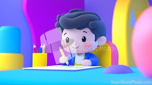 Image of A white child mastering cursive signatures on worksheets Linear minimalistic illustration.