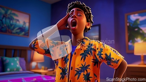 Image of A sleepy Black boy wearing pajamas before bedtime Realistic 3D cartoon style illustration.