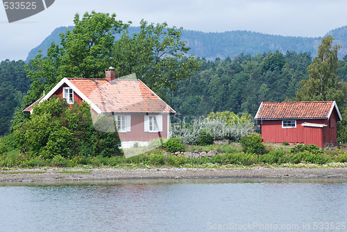 Image of Two red houses by the sea