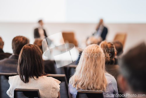 Image of Interview and round table discussion at business convention and presentation. Audience at the conference hall. Business and entrepreneurship symposium