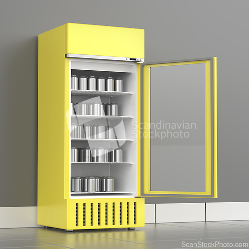 Image of Yellow refrigerator with silver cans