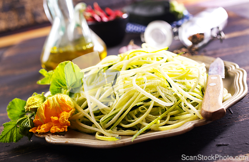 Image of Raw zucchini noodles on plate. Zucchini spaghetti in metal bowl.