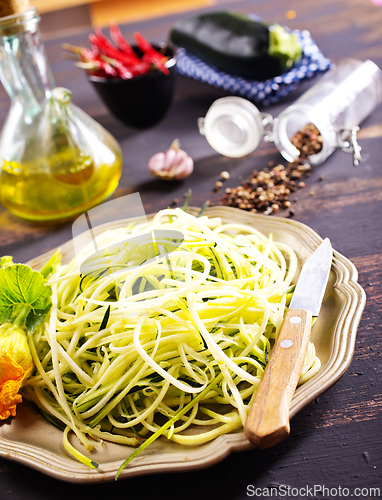 Image of Raw zucchini noodles on plate. Zucchini spaghetti in metal bowl.