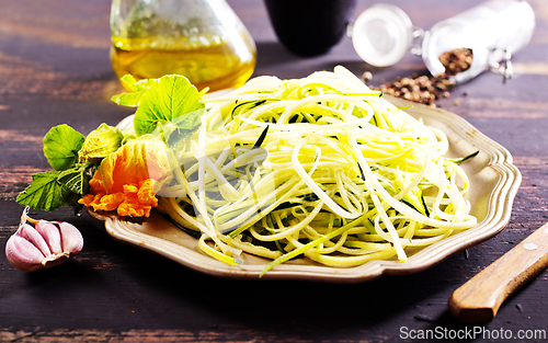 Image of Raw zucchini noodles on plate. Zucchini spaghetti in metal bowl.