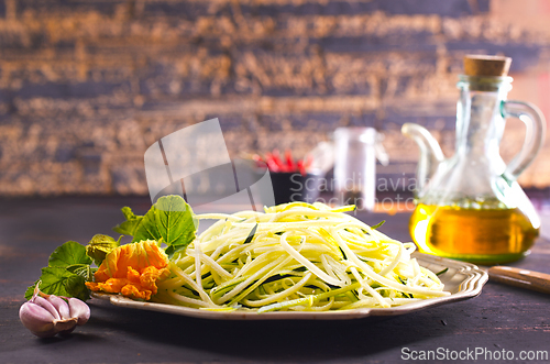 Image of Raw zucchini noodles on plate. Zucchini spaghetti in metal bowl.