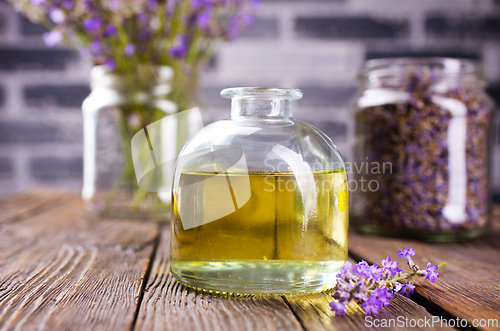 Image of lavender essential oil in glass bottle with fresh lavender flowers,