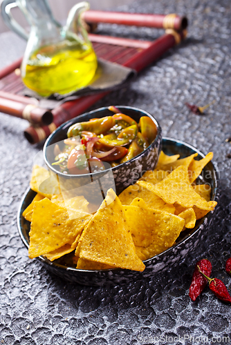 Image of Nachos with guacamole and vegetables.